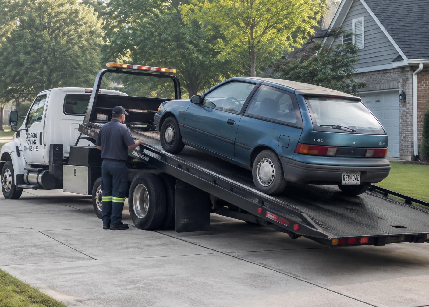 Flatbed tow truck collecting an unwanted hatchback from a Gwinnett County driveway