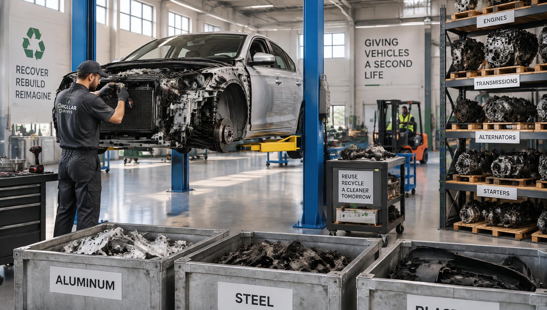 Technician dismantling an end-of-life sedan inside a clean automotive recycling facility